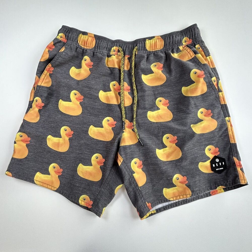 Neff Rubber Duck Print Quick Dry Trunks Swim Shorts Summer Fun Mens Small Gray